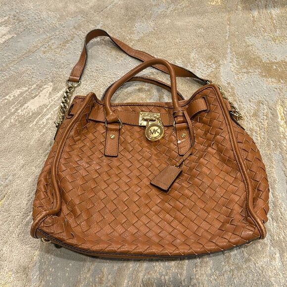 Excellent Michael Kors Hamilton Large Woven Leather Luggage Brown Tote Bag $498 - Picture 1 of 13